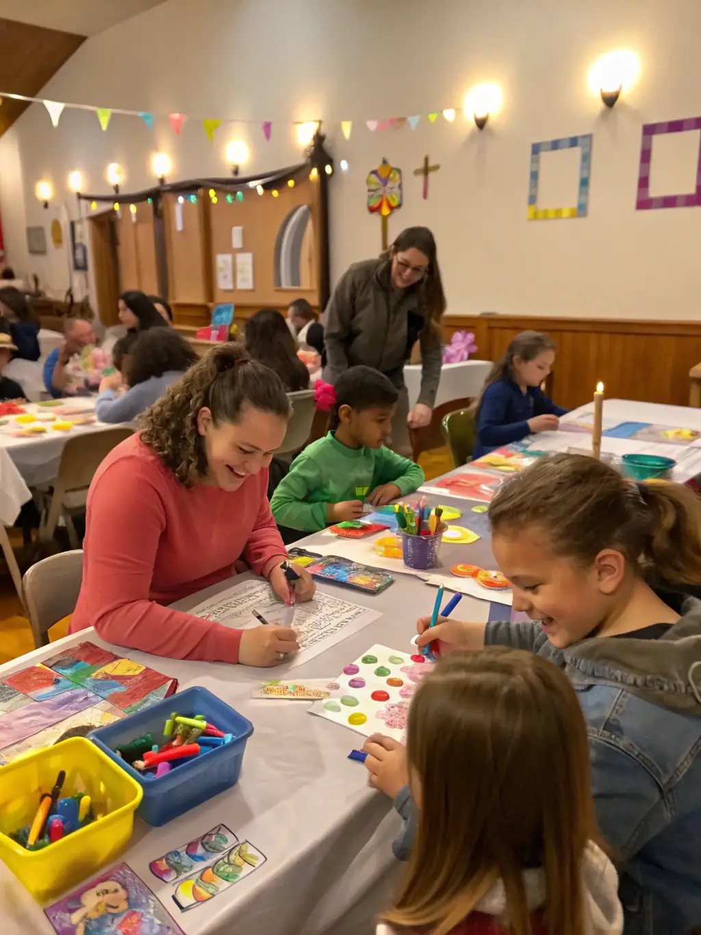 Photographie d’un atelier intergénérationnel où des enfants et des seniors découvrent et jouent ensemble sur un orgue ancien dans une petite église de campagne, ambiance chaleureuse et éducative.