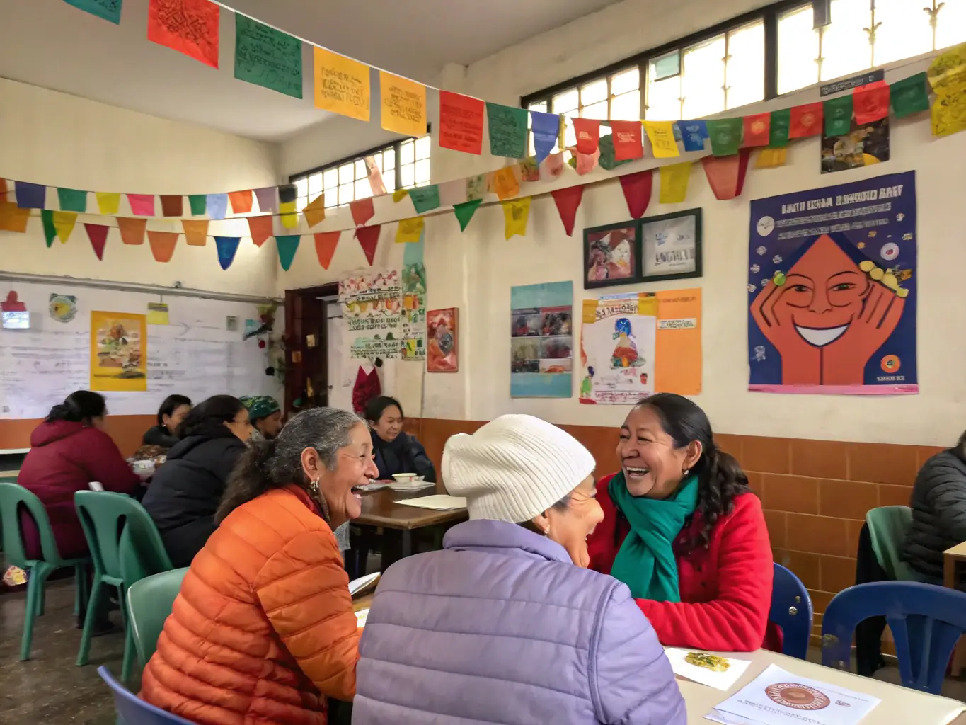 Photo d’un groupe de bénévoles et d’enfants nettoyant et restaurant un harmonium dans une salle communale, outils à la main, ambiance collaborative et joyeuse.