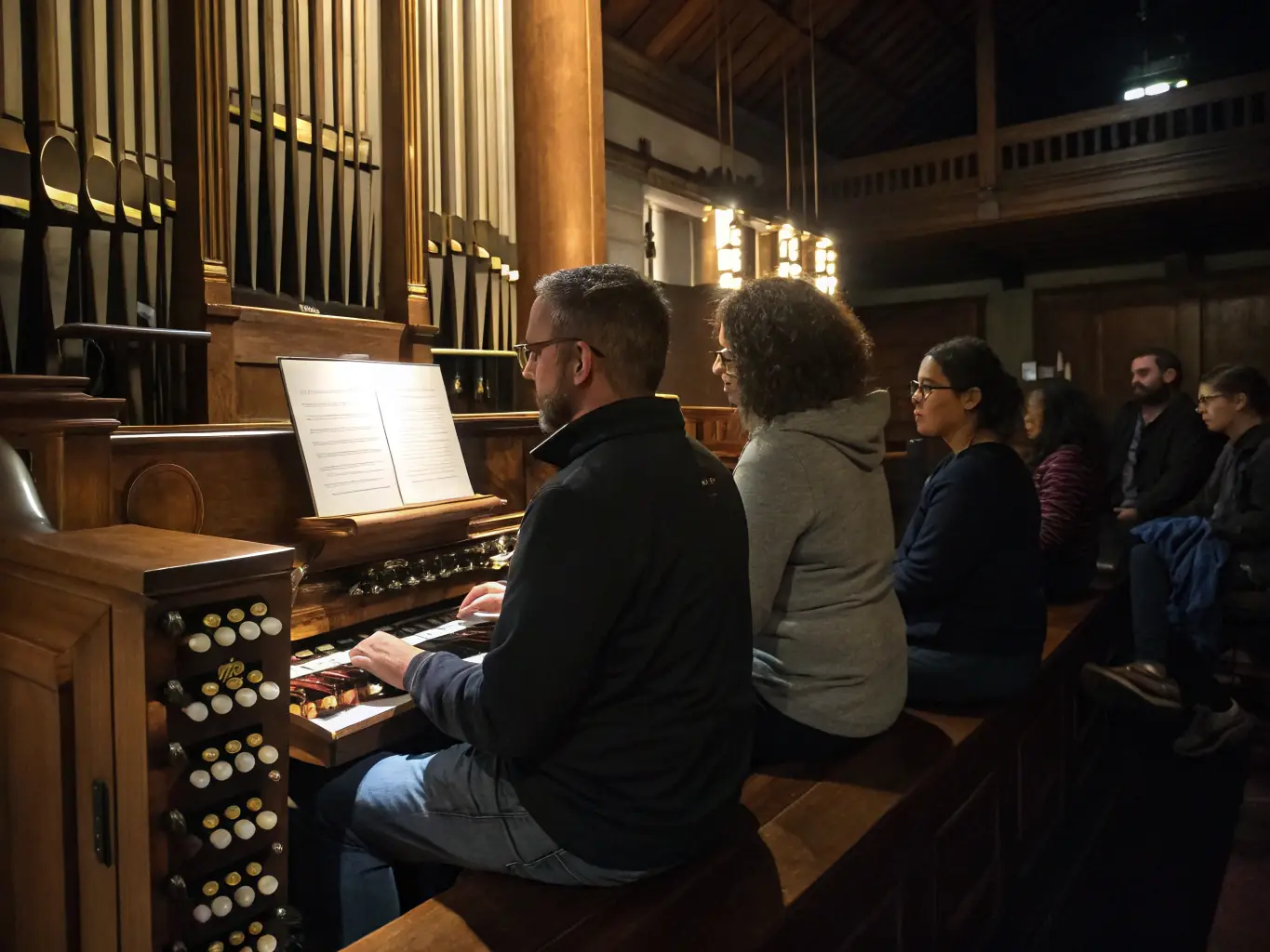 Photographie d’un groupe d’enfants et d’adultes réunis autour d’un orgue ancien lors d’un atelier pédagogique dans une église rurale, ambiance conviviale et éducative.