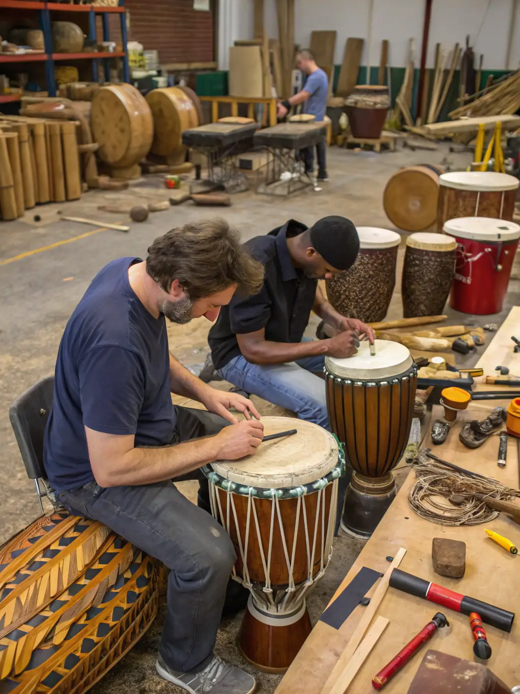 Image d’un chantier de restauration d’un harmonium, bénévoles et artisans à l’œuvre, outils traditionnels sur la table, ambiance collaborative et studieuse.
