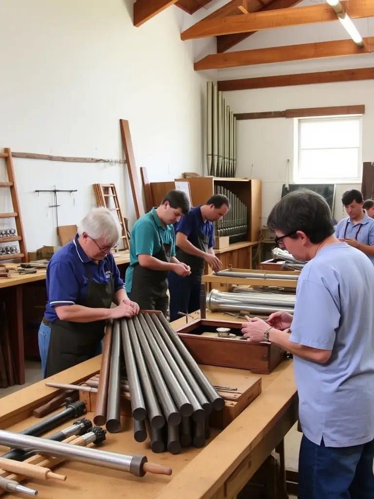 A detailed shot of volunteers and local artisans carefully restoring organ pipes and wooden components in a workshop, highlighting the craftsmanship and teamwork involved in preservation efforts.