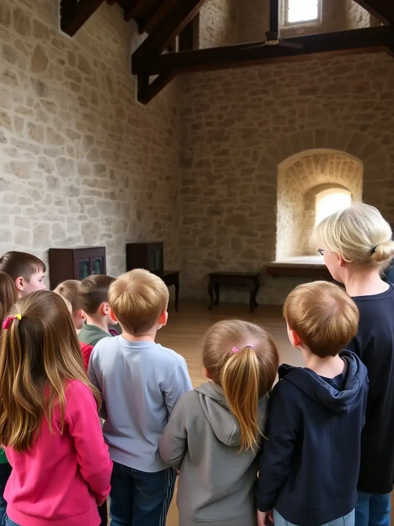 Photo d’un groupe d’élèves en visite guidée, observant de près les mécanismes internes d’un orgue, accompagnés d’un bénévole passionné expliquant l’histoire de l’instrument.
